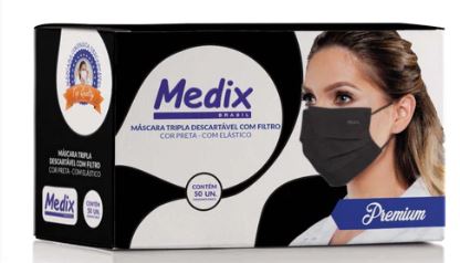 Máscara Tripla Preta Com Elástico - MEDIX