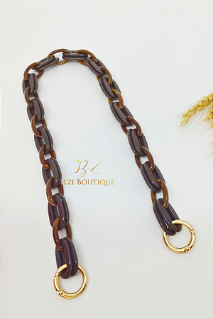 Alça de ombro com elos de resina marrom e argola mosquetão dourado