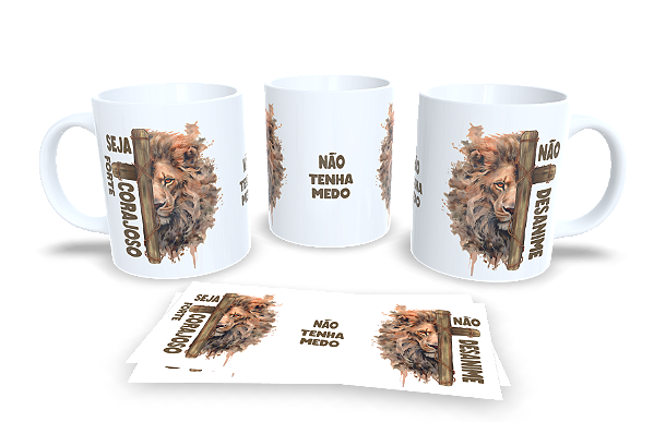 1 Caneca Porcelana 325ml Branca - Leão Seja Forte Corajoso