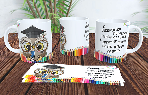 1 Caneca Porcelana 325ml Branca - Coruja Professor
