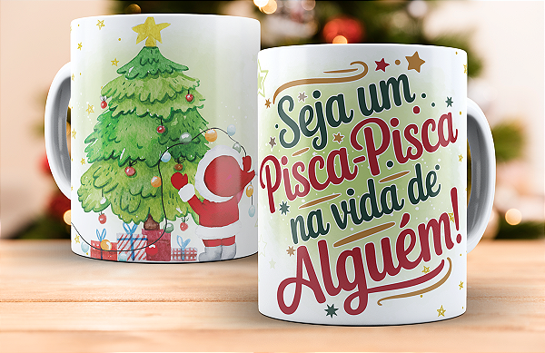 1 Caneca Porcelana 325ml Branca - Natal - Pisca Pisca