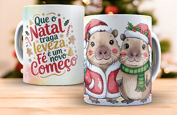 1 Caneca Porcelana 325ml Branca - Natal - Leveza, Fé e Novo Começo