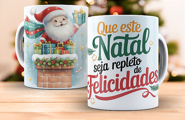 1 Caneca Porcelana 325ml Branca - Natal - Repleto de Felicidades