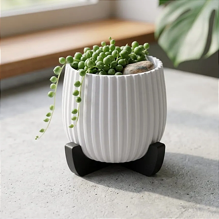 Vaso Decorativo 3D Branco Listrado com Suporte