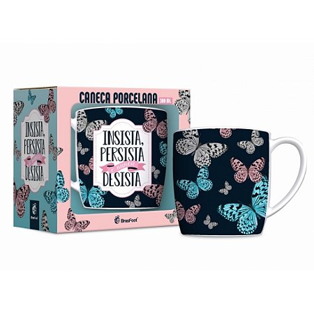 Caneca Urban Porcelana Preto Estampa Borboleta 300ml- Brasfoot