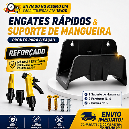 Kit Suporte de Mangueira de Parede Reforçado + Esguicho, Engates e Fixação | Máxima Resistência