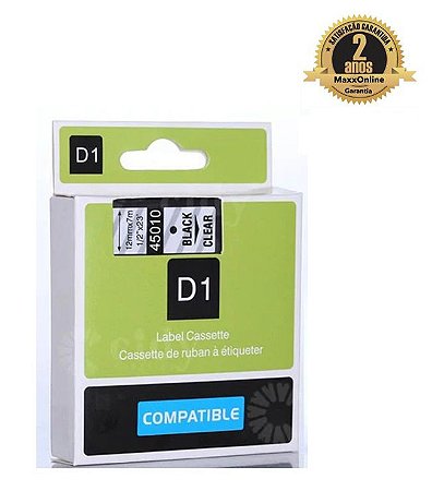Fita Compatível Dymo D1 45010 Incolor Letra Preta 12mm