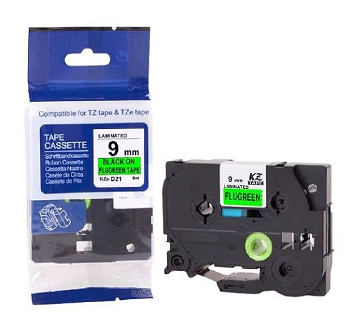 Fita Compatível Brother Tz Tze D21 Verde Fluorescente Letra Preta 9mm