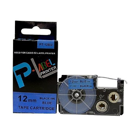 Fita Compatível Casio XR-12BU Azul Letra Preta 12mm