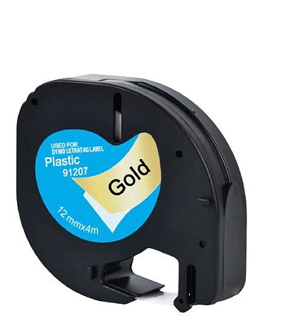 Fita Compatível Dymo Letratag 91207 Dourada Letra Preta 12mm