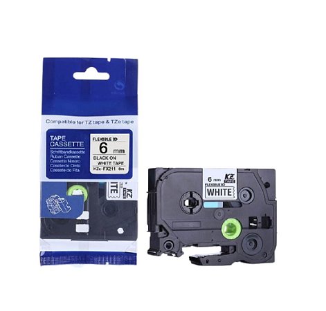 Fita Flexível Compatível Brother Tz Tze FX211 Branca Letra Preta 6mm