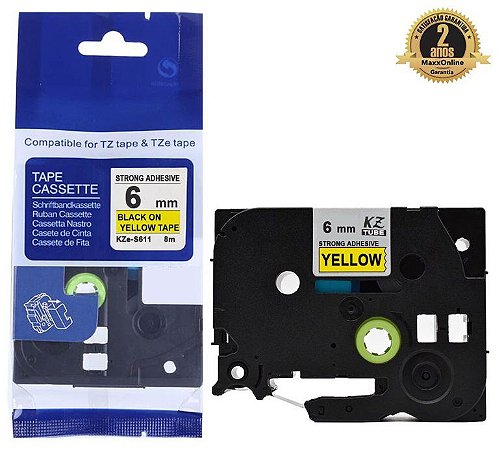 Fita Strong Compatível Brother Tz Tze S611 Amarela Letra Preta 6mm