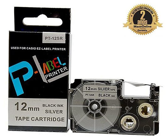 Fita Compatível Casio XR-12SR Prata Letra Preta 12mm