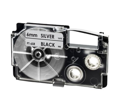 Fita Compatível Casio XR-6SR Prata Letra Preta 6mm