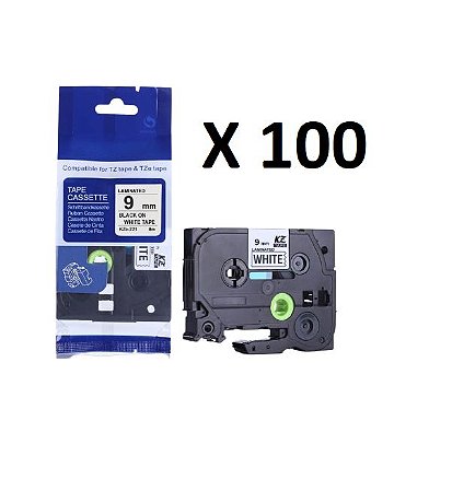 Kit 100 Fitas Compatível Brother Tze-221 Branca 9mm