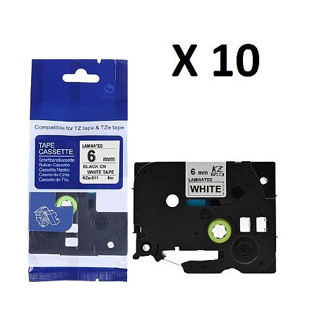 Kit 10 Fitas Compatível Brother Tze-211 Branca 6mm