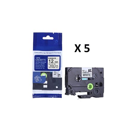 Kit 5 Fita Flexível Compatível Brother Tze-FX231 Branca 12mm