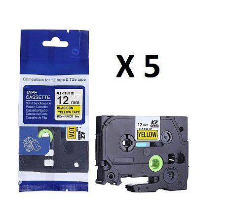 Kit 5 Fitas Flexível Compatível Tze-FX631 Amarela 12mm
