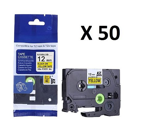 Kit 50 Fitas Flexível Compatível Tze-FX631 Amarela 12mm