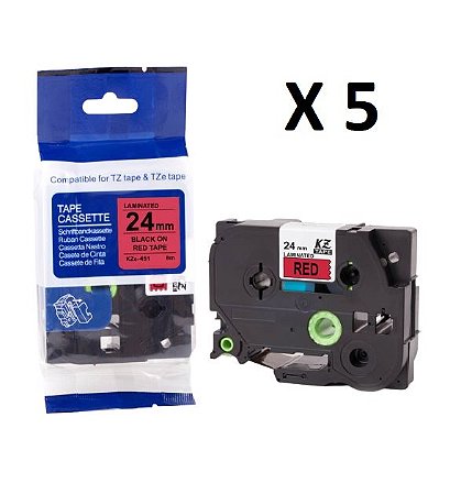 Kit 5 Fitas Compatível Brother Tze-451 Vermelha Letra Preta 24mm