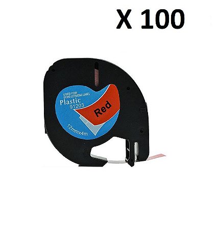 Kit 100 Fitas Plástica Compatível Dymo 91203 Vermelha Letra Preta 12mm