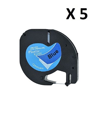 Kit 5 Fitas Plástica Compatível Dymo Letratag  91205 Azul Letra Preta 12mm