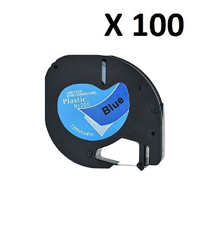 Kit 100 Fitas Plástica Compatível Letratag Dymo 91205 Azul  Letra Preta 12mm