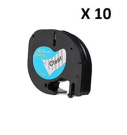 Kit 10 Fitas Plástica Compatível Dymo Letratag 12267 Incolor Letra Preta 12mm