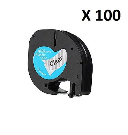 Kit 100 Fitas Plástica Compatível Dymo Letratag 12267 Incolor Letra preta 12mm