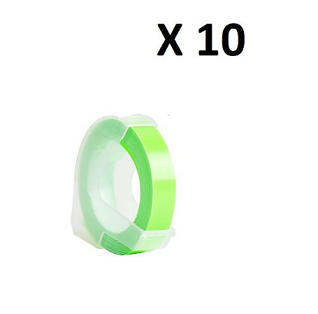 Kit 10 Fitas Vinil Compatível Dymo Manual 3DFG25 Verde Fluorescente 9mm