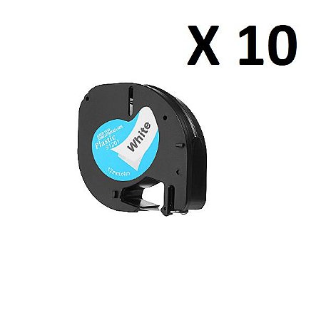 Kit 10 Fitas Plástica Compatível Dymo Letratag 91201 Branca 12mm