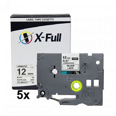 Kit 5 Fitas Compatível Brother TZe MPSL31 Renda Prata 12mm