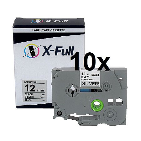 Kit 10 Fitas Compatível Brother Tze 931 Prata 12mm