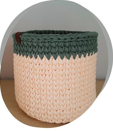 Conjunto Cesto Redondo em Fio de Malha, Creme e Verde Cana com 3 unidades