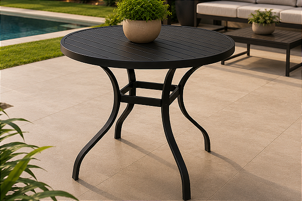 Mesa Deck Redonda 70cm em Alumínio com Tampo Ripado para Área Externa