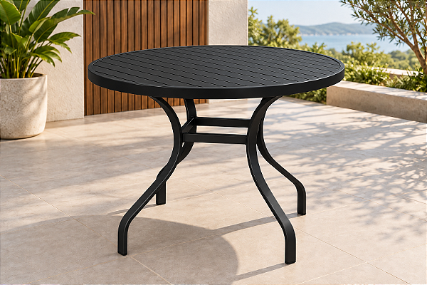 Mesa Deck Redonda 110cm em Alumínio com Tampo Ripado para Área Externa