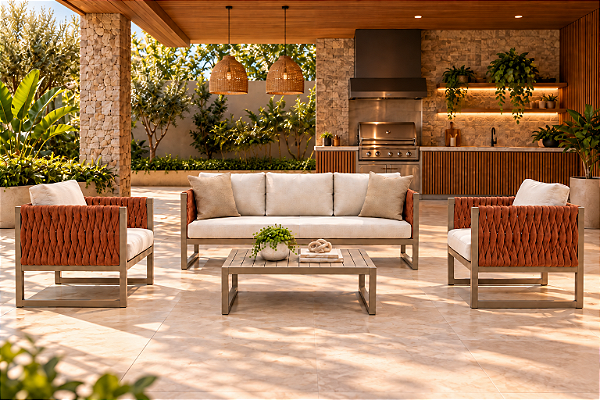 Conjunto Sofá 3 Lugares + 2 Poltronas com Tricô Náutico e Mesa de Centro