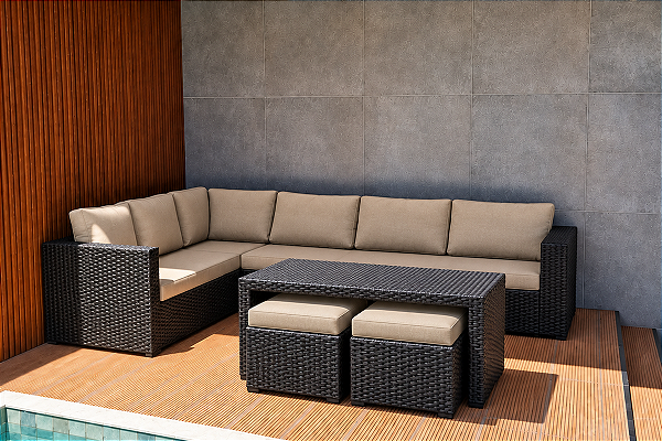 Conjunto Sofá de Canto em L 220x240cm Fibra Sintética com 2 Puffs e Mesa de Apoio