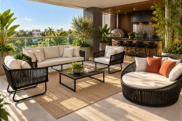 Kit Área Externa Premium com 1 Sofá 3 Lugares + 2 Poltronas + 1 Mesa de Centro + 1 Chaise Redonda 160cm em Corda Náutica