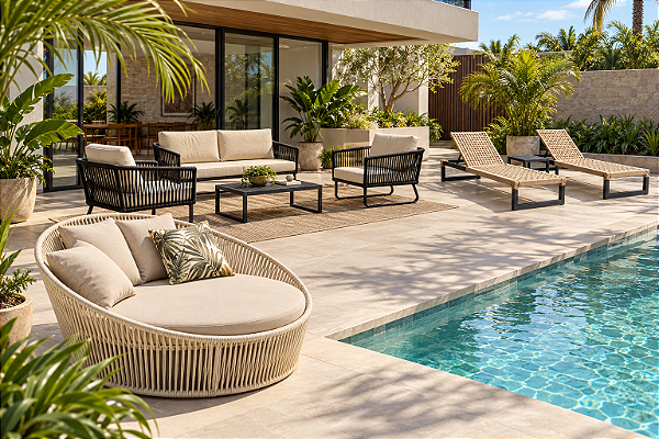 Kit Área Externa Completo com 1 Sofá 2 Lugares, 2 Poltronas, 1 Mesa de Centro, 2 Espreguiçadeiras Summer, 1 Mesa de Apoio e 1 Chaise Redonda 130cm– 8 Peças