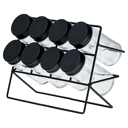 Conjunto Porta Tempero 8 Peças em Vidro Com Suporte de Metal