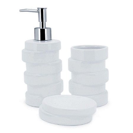 Jogo de Banheiro Ivory Branco 3 Peças Porta Sabonete Liquido Saboneteira e Porta Escovas