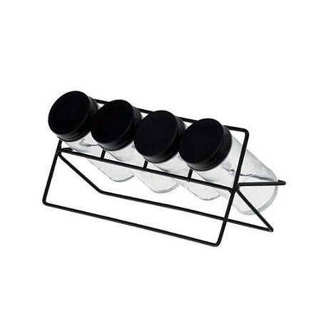 Conjunto Porta Temperos 4 Peças  em Vidro Com Suporte De Aço Preto