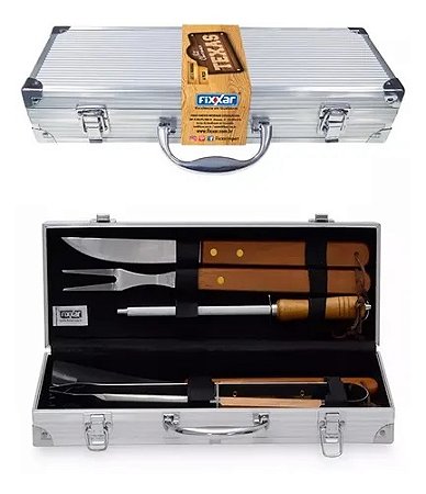 Kit Churrasco  6 Peças em Cabo de Madeira com Maleta  - Fixxar
