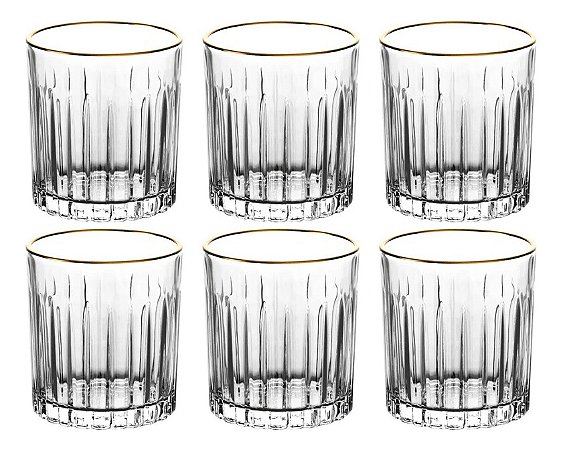 Jogo 6 Copos Baixos Soho Em Cristal Com Borda Dourada 310ml