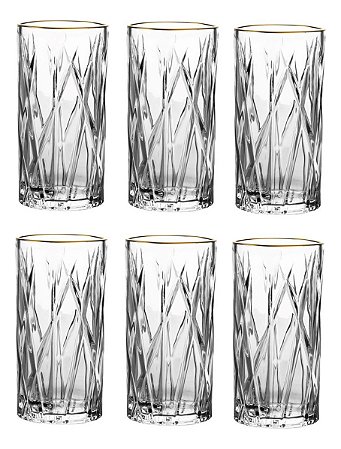 Jogo De 6 Copos Altos Forest Em Cristal Ecologico Com Borda Dourada 350ml A15cm
