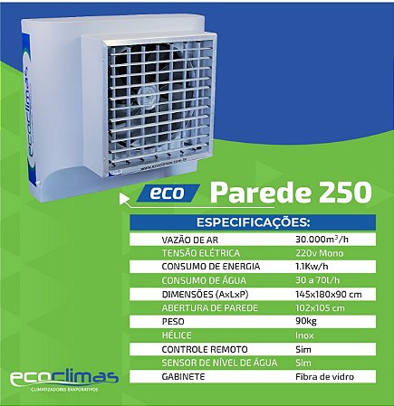 Climatizador Ecoclimas Mod. Eco 250 / 30.000 m³ de Troca de Ar, Abrangência 180 a 250 m², com correias silenciosa.