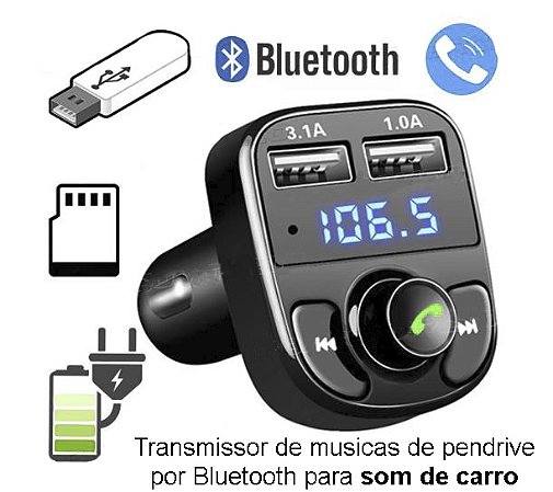 Transmissor de musicas de pendrive por Bluetooth para som de carro toca Mp3 e é carregador de celular