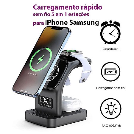 Carregador rápido sem fio estação 5 em 1 para iPhone Samsung Apple Watch Airpods