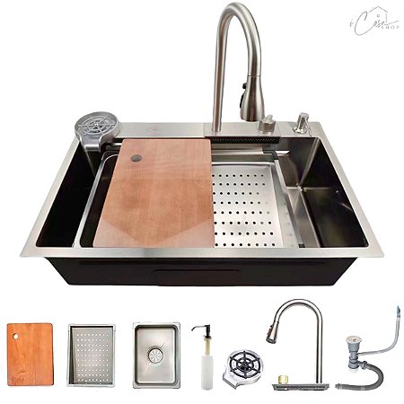 Cuba Gourmet Retangular com Acessórios e Torneira em Aço Inox Escovado 75x46x22cm